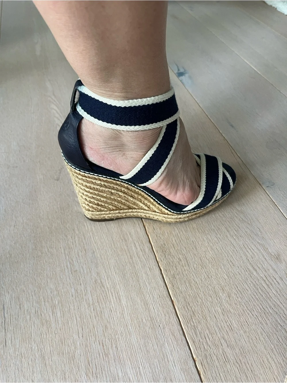 Tory Burch Navy and Cream Adonis Espadrille Wedge Sandals